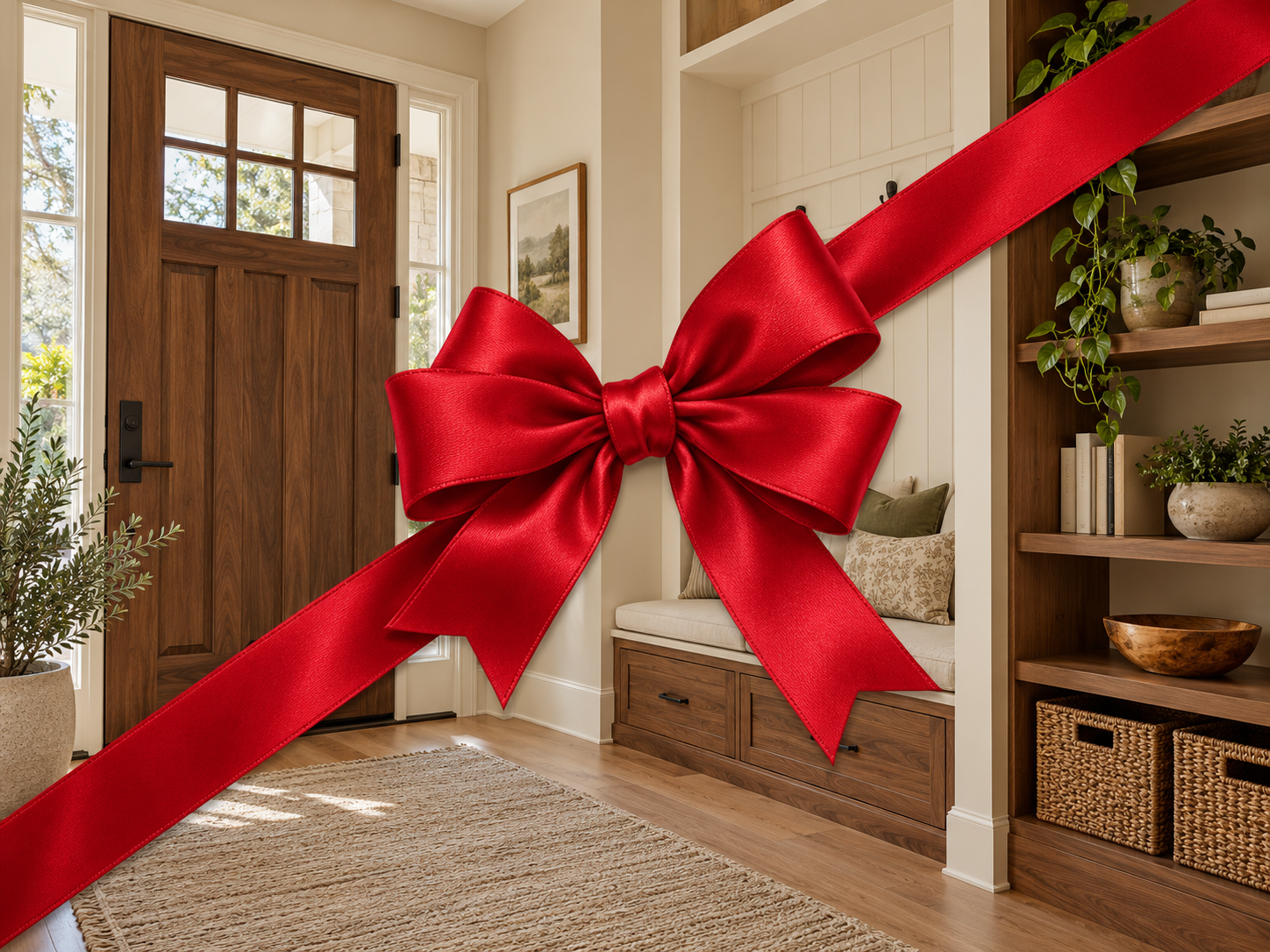 Illustrative before-and-after showing a tired entryway transformed with fresh finishes and repairs