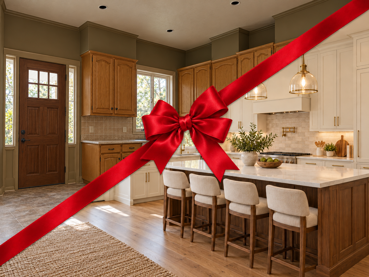 Illustrative before-and-after showing an outdated kitchen transformed into a bright, updated space