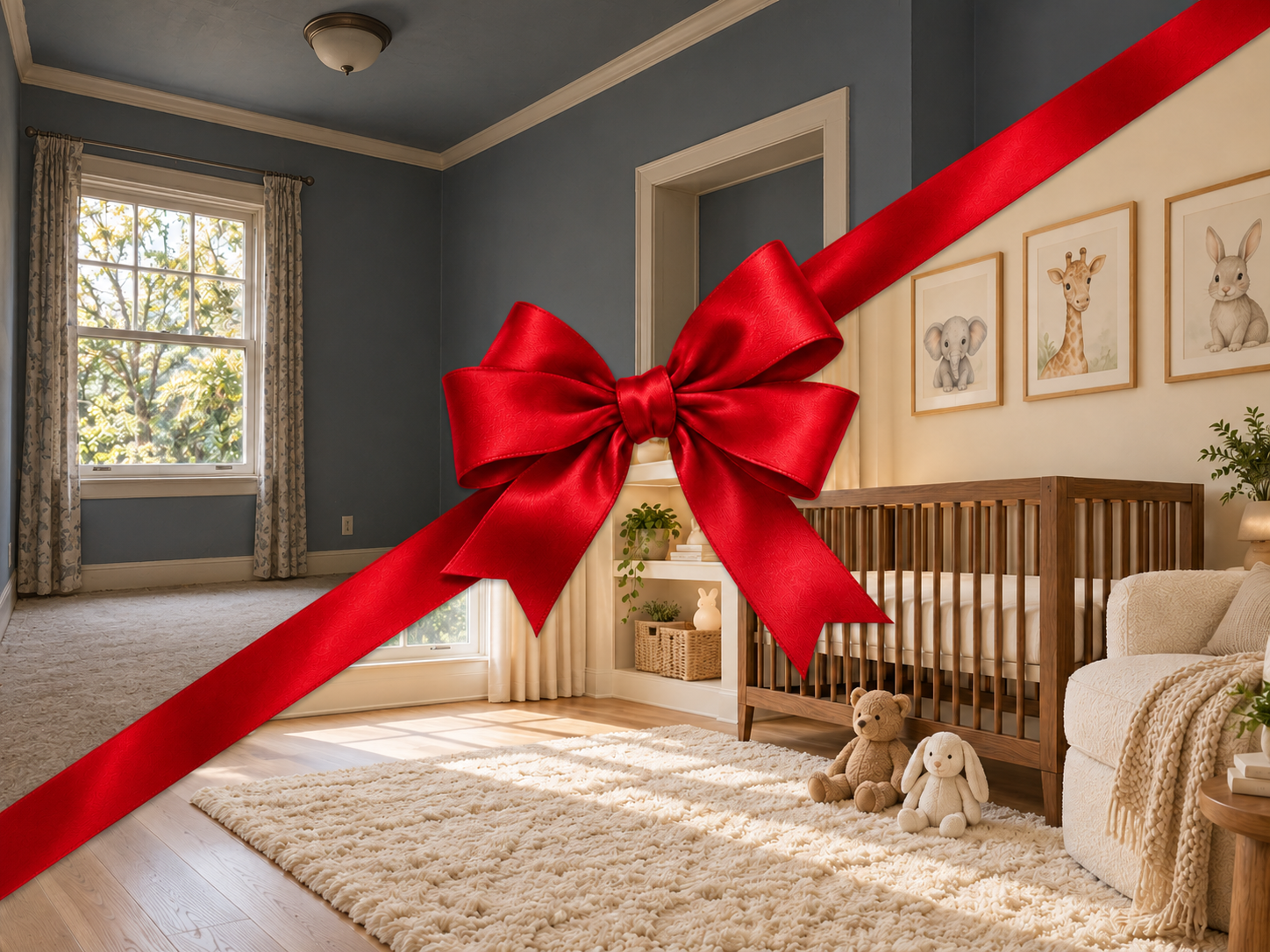 Illustrative before-and-after showing a dated room transformed into a cozy, refreshed nursery