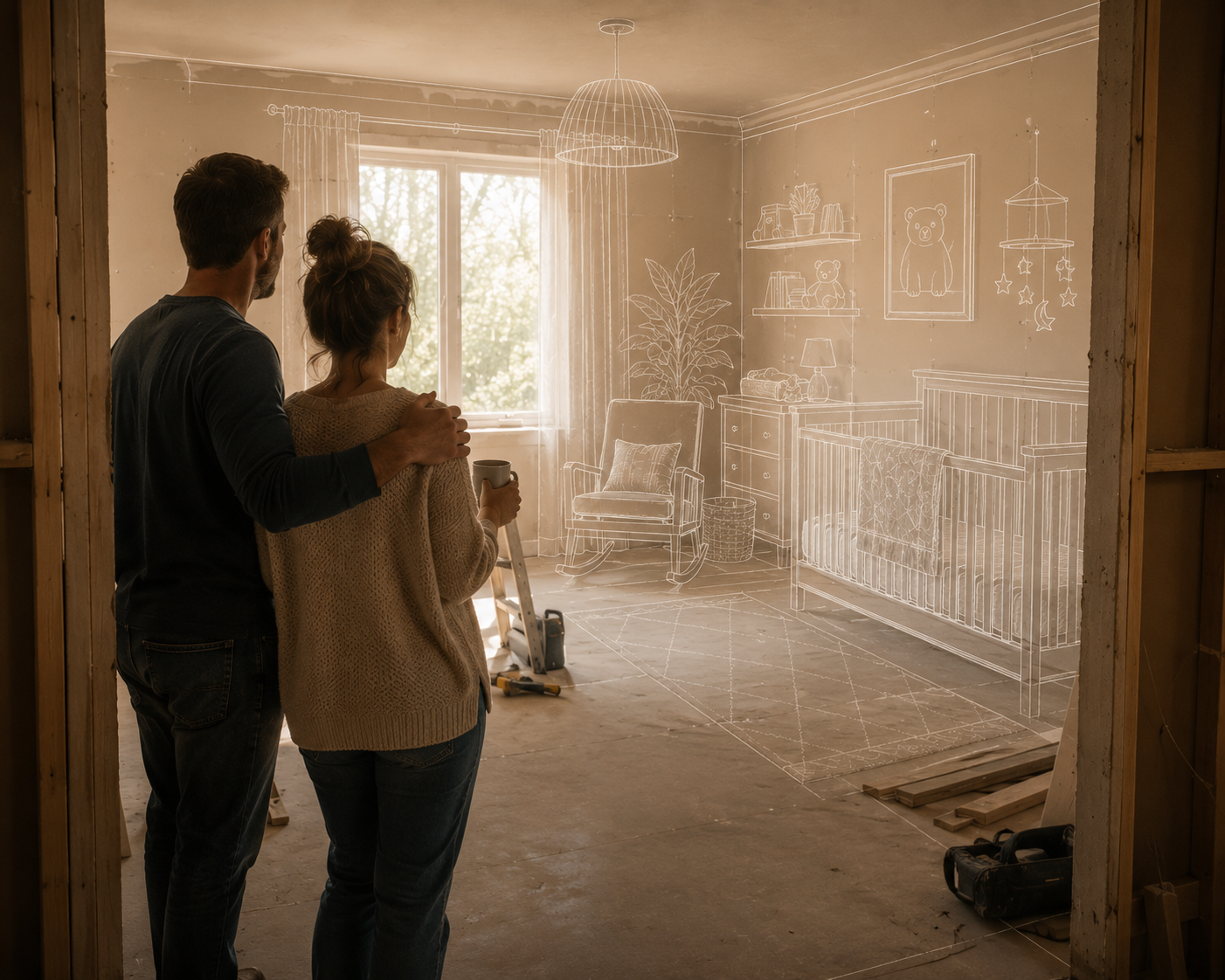 A couple reviewing home renovation plans with their contractor in a warm living room