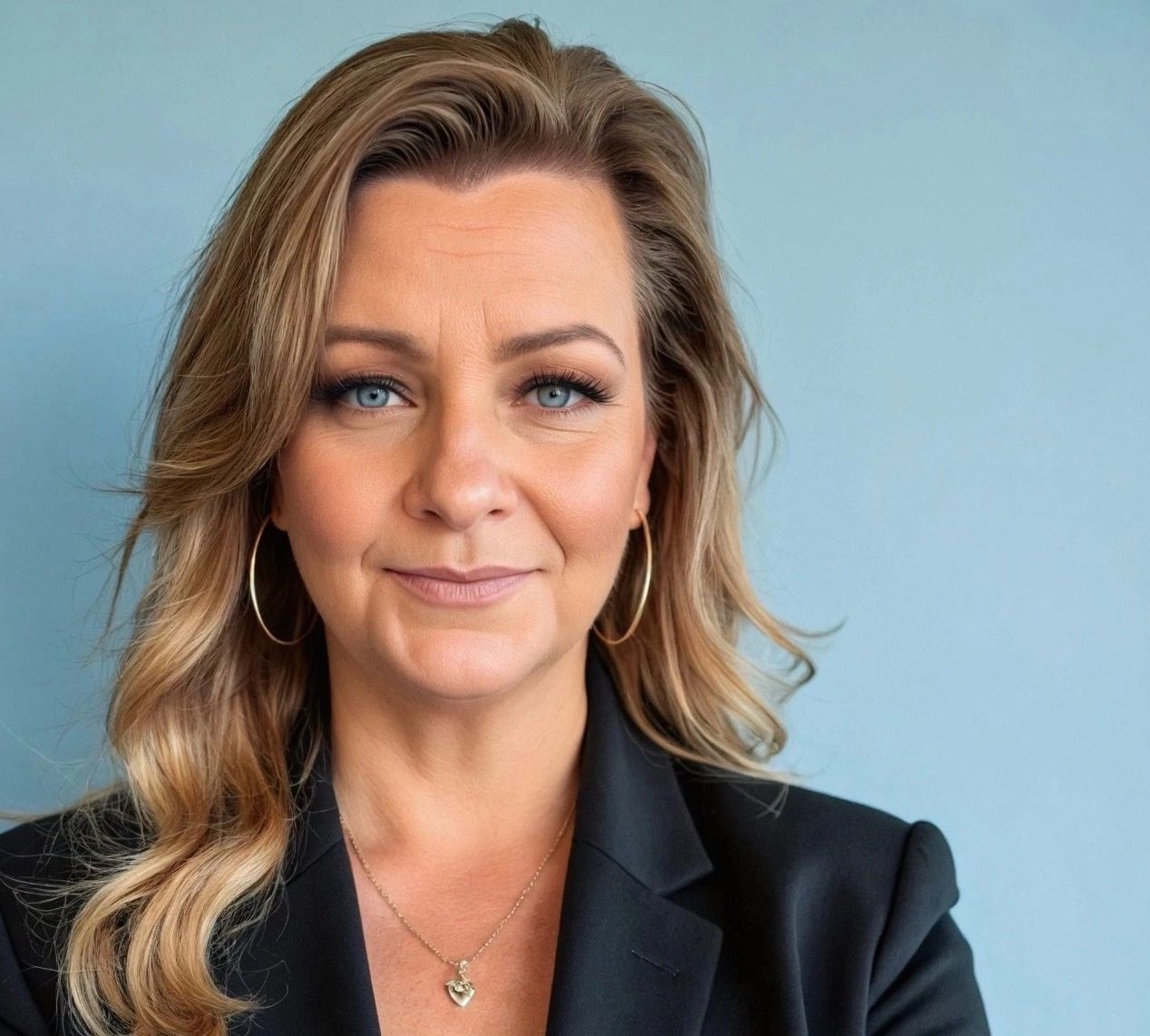 Confident woman with blue eyes wearing a black blazer and gold hoop earrings.